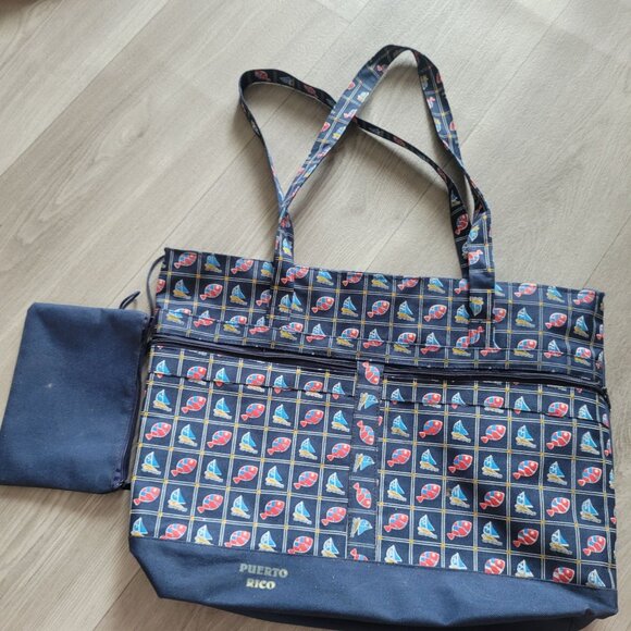 Puerto Rico Fish & Sailboat Print Tote Bag With Zipper Closure & Pouch Navy Blue - Picture 1 of 6